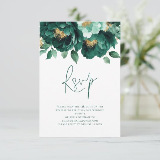 Emerald Gold Florals Script QR Code Wedding RSVP Karte (Stehend Vorderseite)
