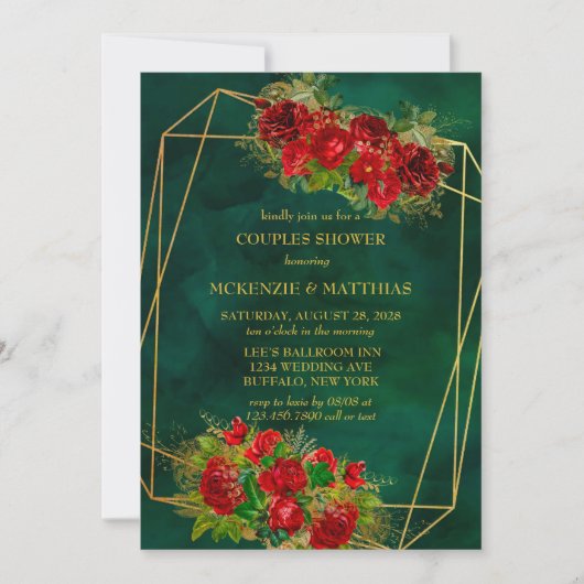 Emerald Gold Geometric Red Florals Couples Dusche Einladung (Vorderseite)