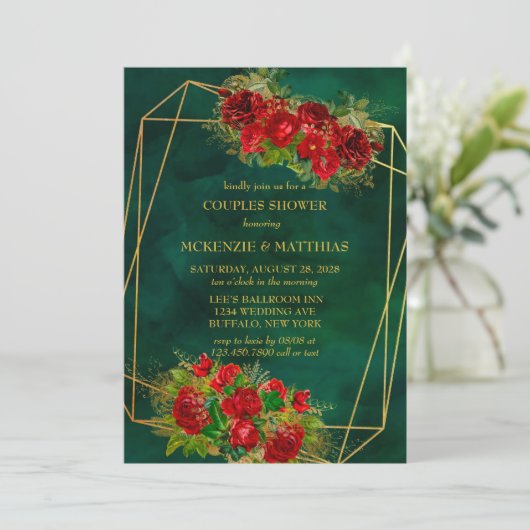 Emerald Gold Geometric Red Florals Couples Dusche Einladung (Stehend Vorderseite)
