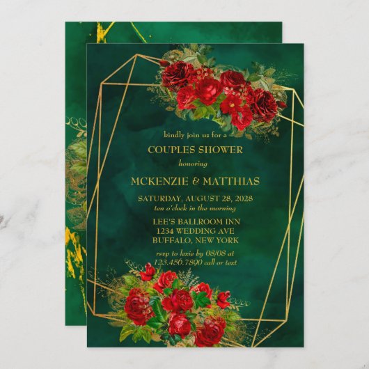 Emerald Gold Geometric Red Florals Couples Dusche Einladung (Vorne/Hinten)