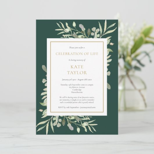 Emerald Gold Greenery Photo Celebration of Life Einladung (Stehend Vorderseite)