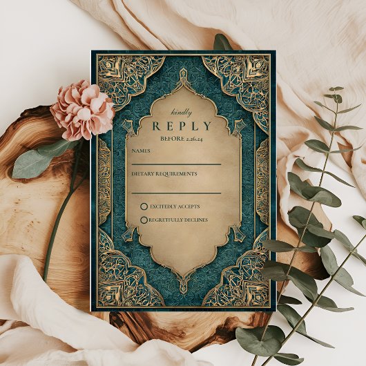 Emerald Gold Islamic Wedding RSVP Karte