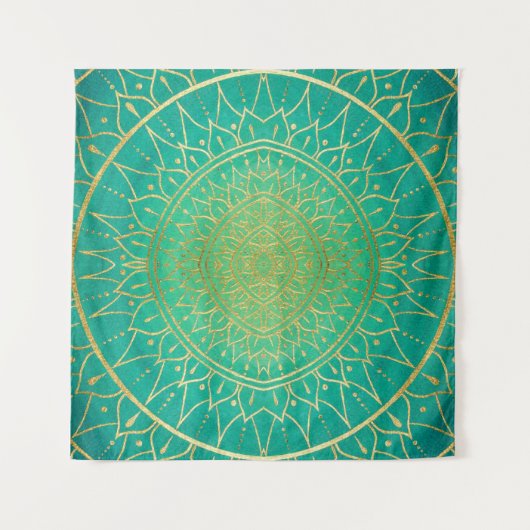 Emerald Gold Mandala Green Wandteppich (Vorderseite (Horizontal))