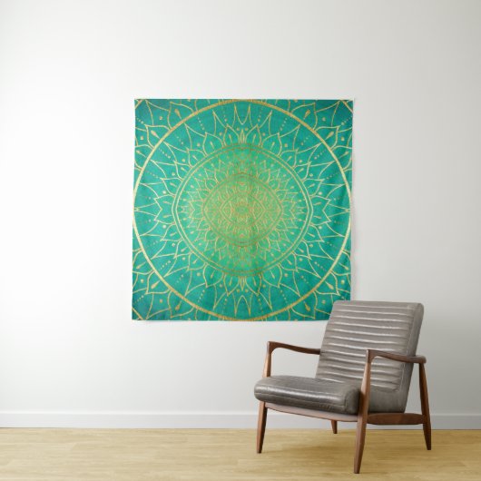 Emerald Gold Mandala Green Wandteppich (Beispiel)