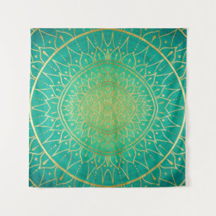 Emerald Gold Mandala Green Wandteppich