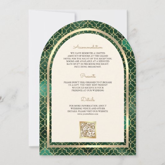 Emerald Gold marokkanische QR Code Sikh Arch Weddi Einladung (Rückseite)