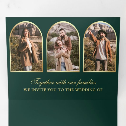 Emerald Gold Minimal Arch Photo QR code Wedding Dreifach Gefaltete Einladung (Innen Erste Seite)
