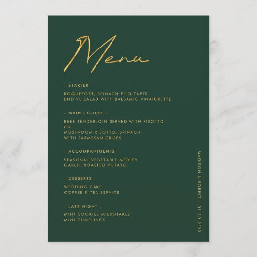 Emerald Gold Modern Typografy Wedding Table Menu Menükarte (Vorderseite)