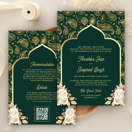 Emerald Gold Paisley Floral QR Code Indian Wedding Einladung