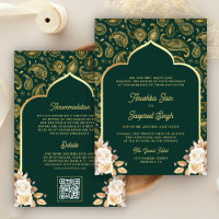Emerald Gold Paisley Floral QR Code Indian Wedding