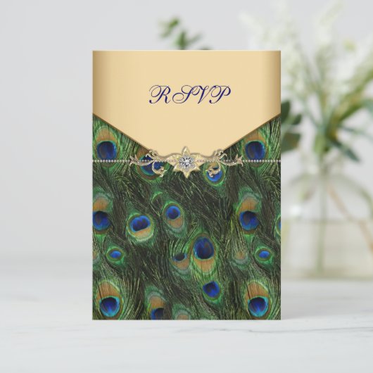Emerald Gold Peacock Wedding RSVP (Stehend Vorderseite)