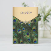 Emerald Gold Peacock Wedding RSVP Karte (Stehend Vorderseite)