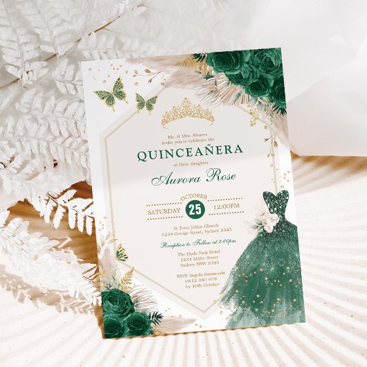 Emerald Gold Quinceañera Boho Floral Mis Quince 15 Einladung