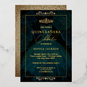 Emerald Gold Rose Dress Quinceanera Folieneinladung