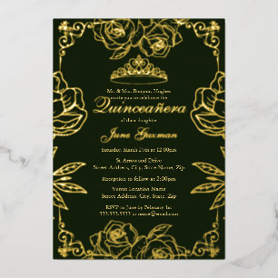 Emerald Gold Rose Garden Quinceanera Folieneinladung