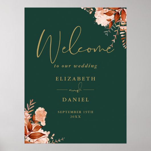 Emerald Gold Rustic Floral Wedding Welcome Sign Poster (Vorne)