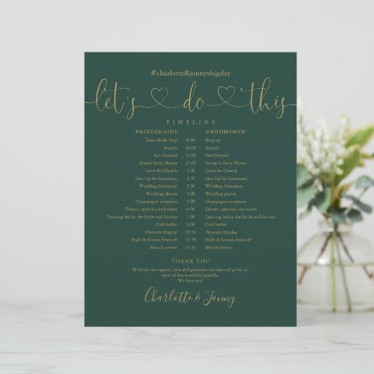 Emerald Gold Script Wedding Zeitplan Timeline (Stehend Vorderseite)