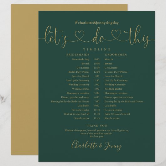 Emerald Gold Script Wedding Zeitplan Timeline (Vorne/Hinten)