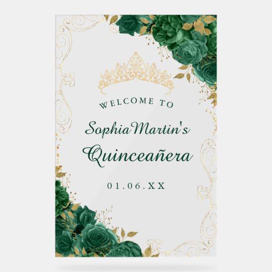 Emerald Gold Swirl floral Quinceanera Acrylzeichen Acrylschild (Vorderseite)
