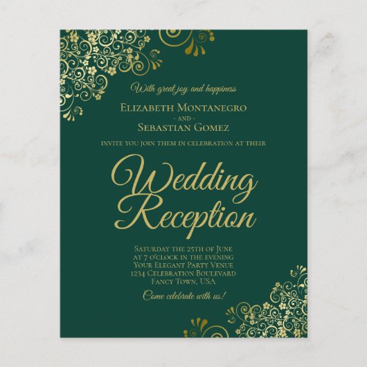 Emerald & Gold Wedding Reception BUDGET Einladung (Vorderseite)