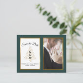Emerald Gold Winter Wedding Save the Date Foto Ankündigungspostkarte (Stehend Vorderseite)