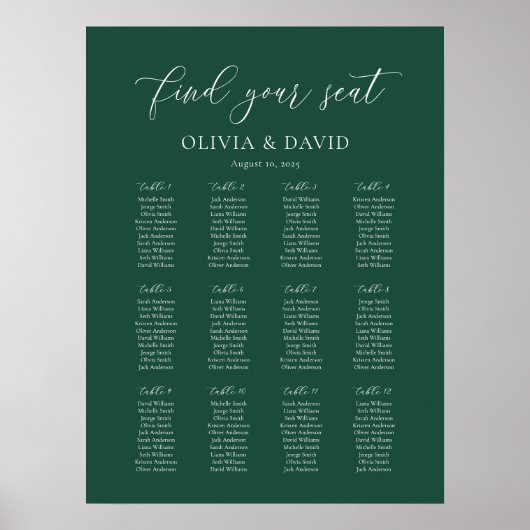 Emerald Green 12 Tabelle Seating Chart Poster (Vorne)
