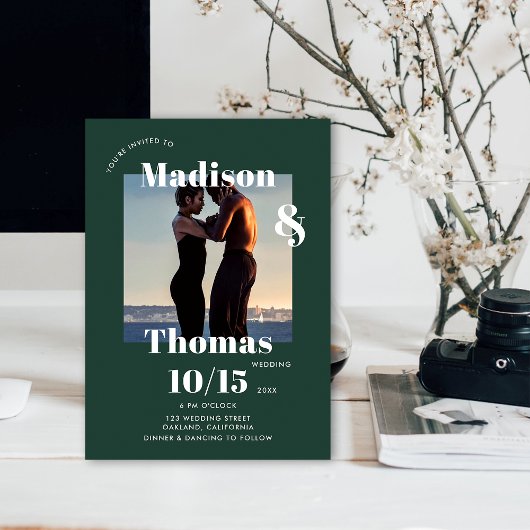 Emerald Green 1 Foto Fett Minimalistische Hochzeit Einladung