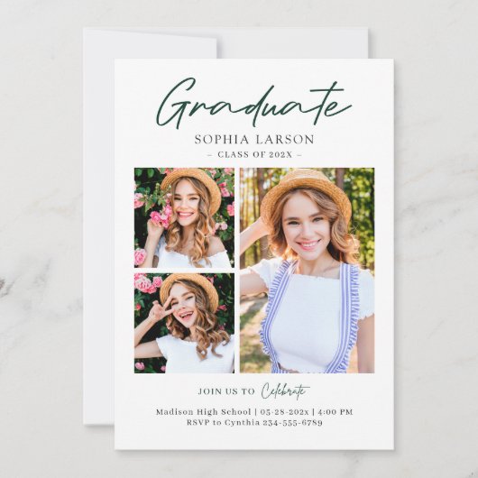 Emerald Green 3 Photo Collage Graduation Ankündigung (Vorderseite)