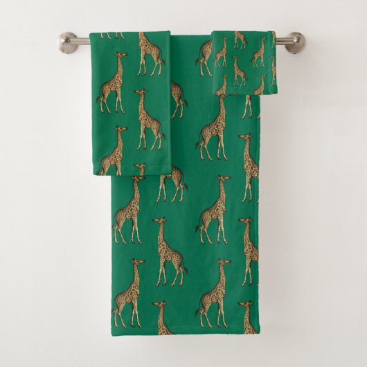 EMERALD GREEN AFRICAN GIRAFFE BADEZIMMER TOWEL SET (Insitu)