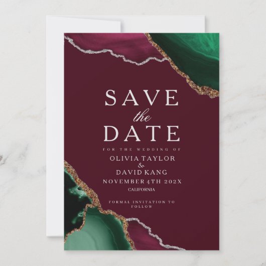 Emerald Green Agate Burgundy Save the Date (Vorderseite)