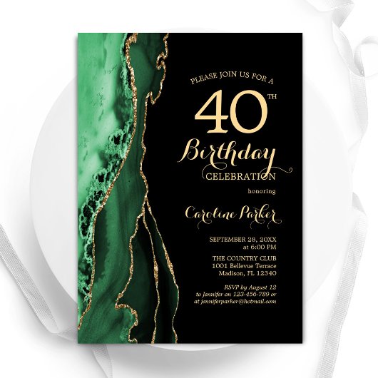 Emerald Green Agate Gold Black 40. Geburtstag Einladung