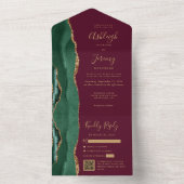 Emerald Green Agate Gold Burgundy QR Code Wedding All In One Einladung (Innen Boden)