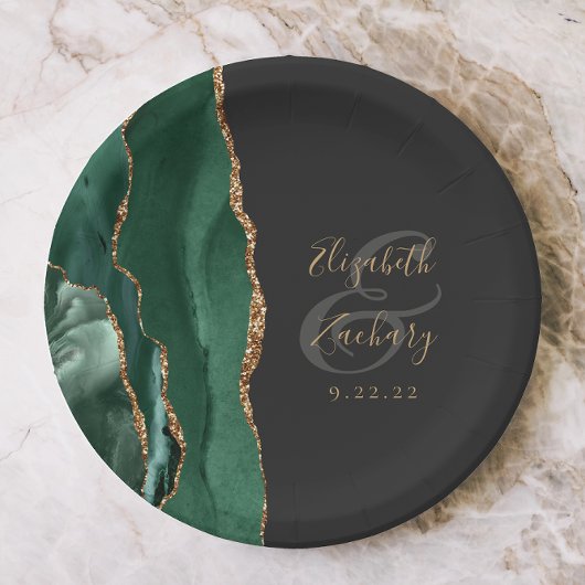 Emerald Green Agate Gold Dark Wedding Pappteller