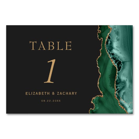 Emerald Green Agate Gold Dark Wedding Tischnummer (Rückseite)