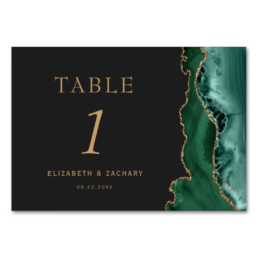 Emerald Green Agate Gold Dark Wedding Tischnummer (Vorderseite)