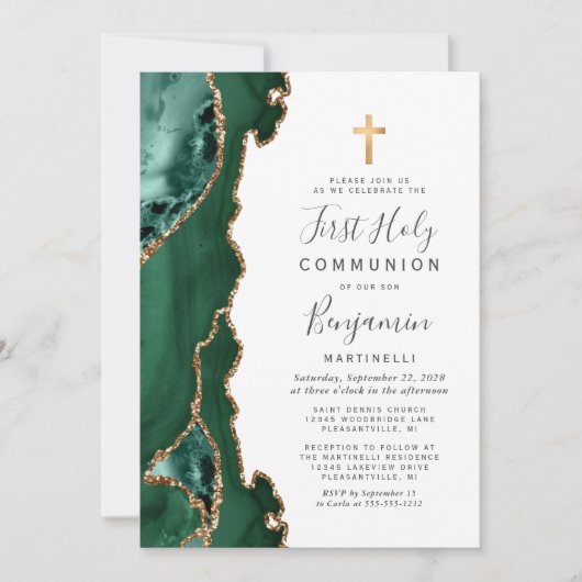 Emerald Green Agate Gold Erste Heilige Kommune Einladung (Vorderseite)