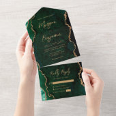 Emerald Green Agate Gold Script Wedding All In One Einladung (Abreißen)