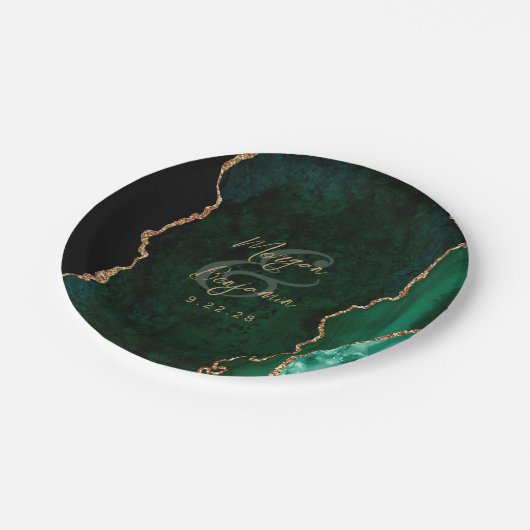 Emerald Green Agate Gold Script Wedding Pappteller (Schrägansicht)