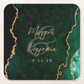 Emerald Green Agate Gold Script Wedding Rechteckiger Pappuntersetzer (Vorderseite)