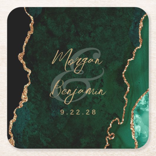 Emerald Green Agate Gold Script Wedding Rechteckiger Pappuntersetzer (Vorderseite)