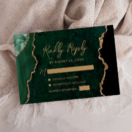 Emerald Green Agate Gold Script Wedding RSVP Karte