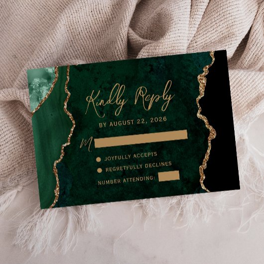 Emerald Green Agate Gold Script Wedding RSVP Karte