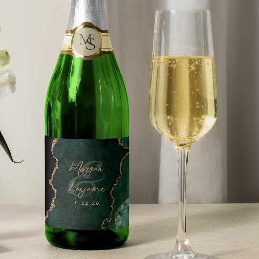 Emerald Green Agate Gold Script Wedding Schaumweinetikett