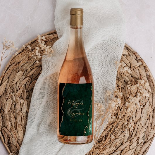 Emerald Green Agate Gold Script Wedding Weinetikett