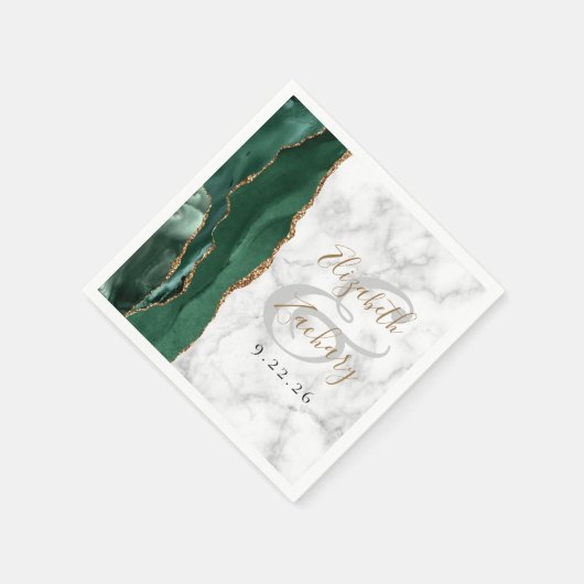 Emerald Green Agate Marble Gold Script Wedding Serviette (Ecke)