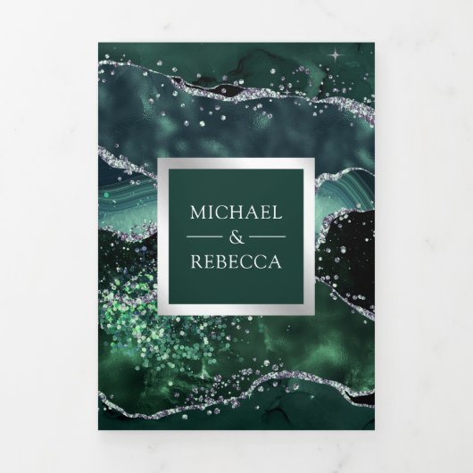 Emerald Green Agate Marble QR Code Wedding Dreifach Gefaltete Einladung (Cover)