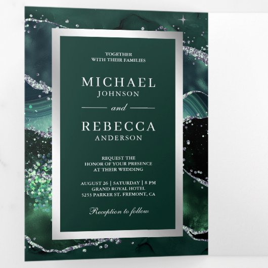 Emerald Green Agate Marble QR Code Wedding Dreifach Gefaltete Einladung (Innen Erste Seite)