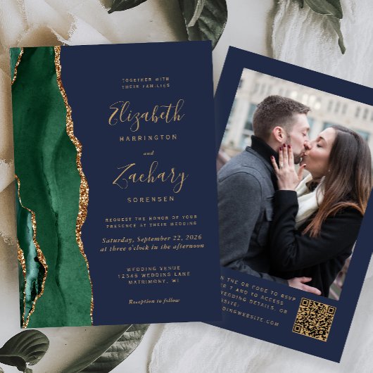 Emerald Green Agate Navy Foto QR Code Hochzeit Einladung