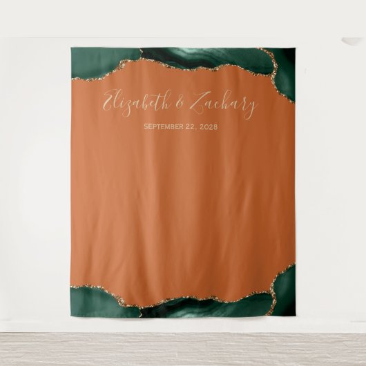 Emerald Green Agate Rust Wedding Foto Booth Wandteppich (Vorderseite)