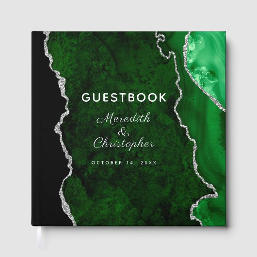 Emerald Green Agate Wedding Silver Gästebuch (Vorderseite)